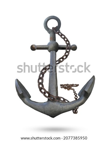 Vintage sea anchor with chain, Old rusty ship anchor lies Realistic shiny steel anchor rings and shadow on the ground isolated on white background. This has clipping path. sea travel symbol icon sign. Royalty-Free Stock Photo #2077385950