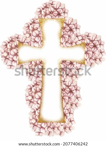 Watercolor hand darwn Cross Clipart, Pink Hydrangea flowers Cross clip art, Pink Florals and gold Frame illustration, Baptism Crosses, Wedding Invites, Card making, Holy Spirit, religion