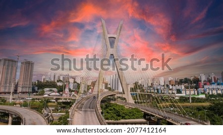 Estaiada's bridge aerial view in Marginal Pinheiros, São Paulo, Brazil. Business center. Financial Center. Famous cable stayed (Ponte Estaiada) bridge. Sunset Royalty-Free Stock Photo #2077412164