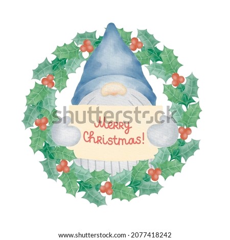 Gnome with Merry Christmas card in a wreath watercolor illustration. Holly wreath with red berries watercolor clipart. Christmas gnome sublimation design.