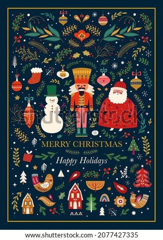 Classic Christmas greeting illustration with funny Santa Claus, nutcracker and snowman. Big Christmas collection in Scandinavian style with traditional Christmas and New Year elements