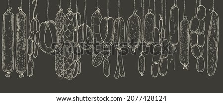 Seamless pattern background of sausage products and meat delicacies. Sausages, bacon, lard, salami in sketch style. Royalty-Free Stock Photo #2077428124