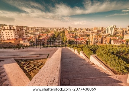 Morning view of famous Cascade stairway monument in Yerevan. Travel attractions and destinations of Armenia