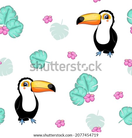 Seamless pattern with toucan, tropical leaves and flowers. Vector illustration isolated on white background.