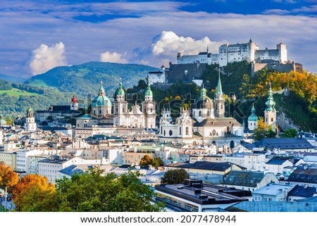 Salzburg, Austria. Beautiful view of Salzburg skyline with Festung Hohensalzburg in autumn, Salzburg, Salzburger Land, Austria Royalty-Free Stock Photo #2077478944
