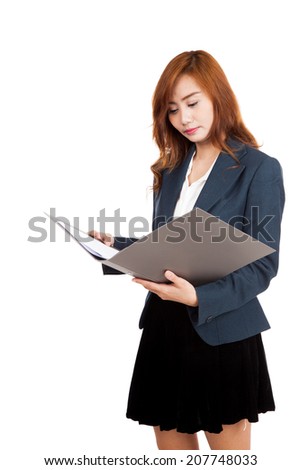 Asian office girl read data on folder  isolated on white background