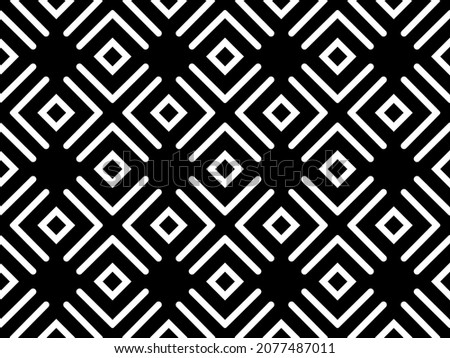 Vector seamless geometric, pattern of rhombuses and lines. Circle and diamond shape illusion. White elements on a black background. Minimalistic design for textile, poster, card, fabric. EPS 10.