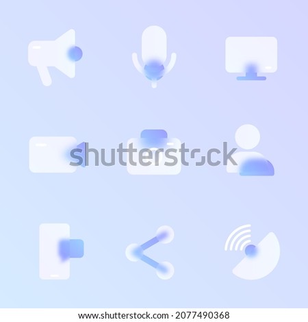 media glass morphism trendy style icon set. media transparent glass color vector icons with blur and purple gradient. for web and ui design, mobile apps and promo business polygraphy
