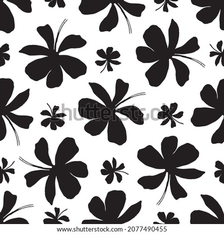 Abstract jasmine floral vector seamless pattern background. Silhouettes of flower heads, blossom, petals. Monochrome black white backdrop. Botanical repeat for medicinal healing plant. All over print Royalty-Free Stock Photo #2077490455