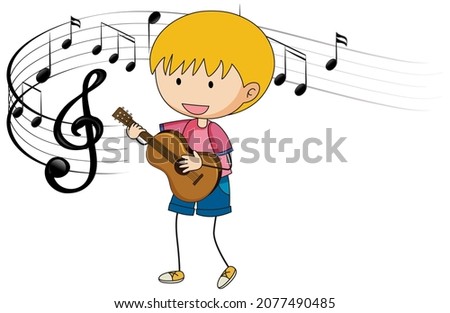 Cartoon doodle a boy playing guitar with melody symbols  