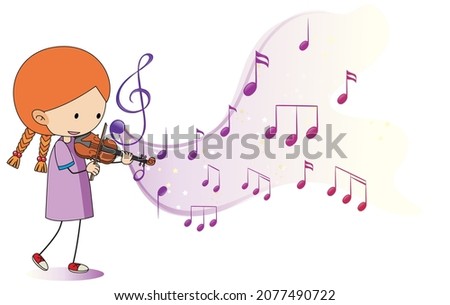 Cartoon doodle a girl playing violin with melody symbols on white background 
