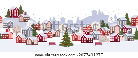 Christmas banner with a town. Snowy landscape with houses. Seamless border.
