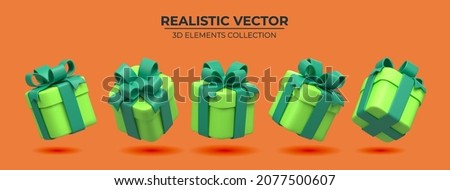 Set of Realistic green gifts boxes isolated on a orange background. 3d illustration of five springly green gift boxes with bows and ribbons, Festive decorative 3d render object Realistic vector decor Royalty-Free Stock Photo #2077500607