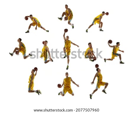 Development of movements. Collage made of images of professional basketball player in yellow uniform with ball in motion, action isolated on white studio background. Motion, action, sport concept