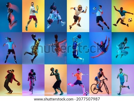 Basketball, soccer, tennis and cycling. Collage of different professional male and female sportsmen in action at studio on multicolored background in neon. Flyer for ad. Motion, action, sport concept Royalty-Free Stock Photo #2077507987