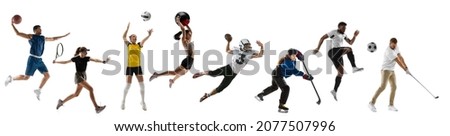 Sport collage. Tennis, basketball, soccer football, hockey, golf, cycling, fitness, running, volleyball players in motion isolated on white background. Fit people jumping. Flyer for ad.