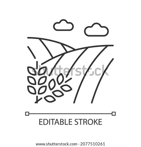 Cropland linear icon. Crops production and harvest. Farming and arable land. Agricultural area. Thin line customizable illustration. Contour symbol. Vector isolated outline drawing. Editable stroke Royalty-Free Stock Photo #2077510261