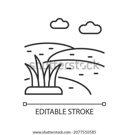 Grassland linear icon. Grass covered ground. Large open grassy field. Animal grazing meadow. Thin line customizable illustration. Contour symbol. Vector isolated outline drawing. Editable stroke Royalty-Free Stock Photo #2077510585