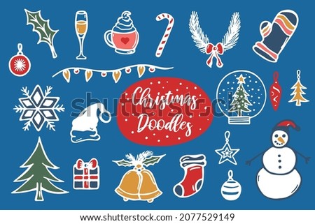 Christmas doodle drawing collection. Elements such as snowman, Christmas tree, bells, gift box, snowflake, etc are included. Hand drawn vector doodle illustrations isolated