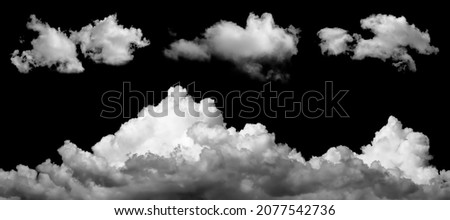 beautiful white clouds elements set, isolated on black background.