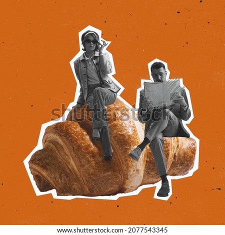 Contemporary art collage of man and woman in retro costumes sitting on delicious croissant isolated on orange background. Vintage style. Concept of food, style, artwork, creaitivity. Copy space for ad Royalty-Free Stock Photo #2077543345