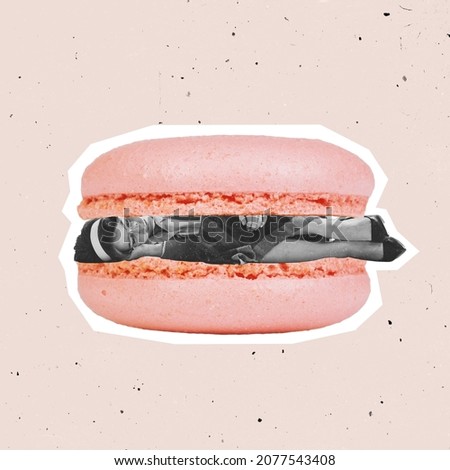 Contemporary art collage of woman lying into pink yummy macaroon isolated over pink background. Delicious french dessert. Concept of creativity, artwotk, food, inspiration. Copy space for ad