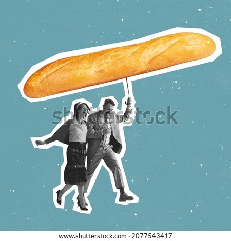 Contemporary art collage joyful young couple, man and woman walking under rain with baguette, bread umbrella isolated over blue background. Concept of creativity, art, imagination, food and ad Royalty-Free Stock Photo #2077543417