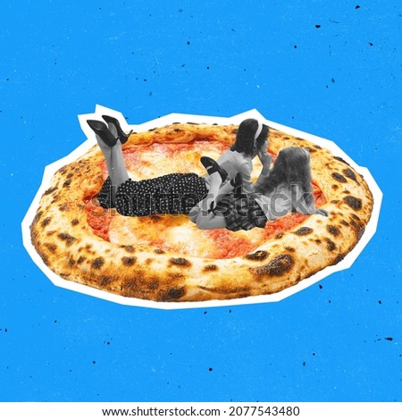 Contemporary art collage of woman and little girl lying on delicious pizza isolated over blue background. Retro style. Yummy Italian traditional food. Concept of gastronomy, creativity, artwork and ad