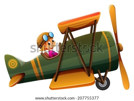 Illustration of a young man riding on a vintage plane on a white background