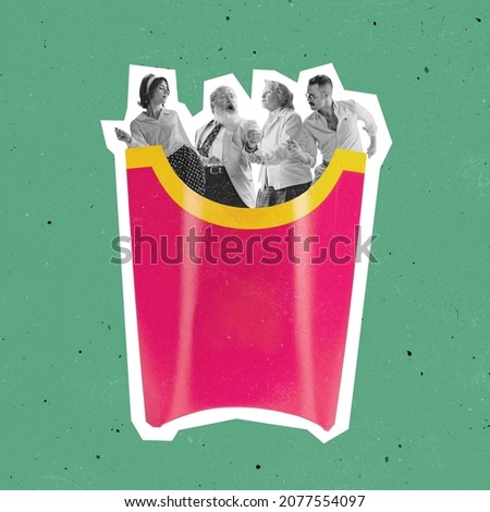 Contemporary art collage of four joyful people, men and women standing into box for fries isolated on green background. Junk food. Concept of creativity, imagination, artwork, food. Copy space for ad