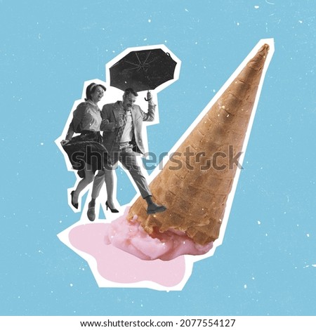 Contemporary art collage of beautiful couple with umbrella jumping over melted ice cream isolated on blue background. Romantic date. Concept of food, dessert, creativity, artwork. Copy space for ad