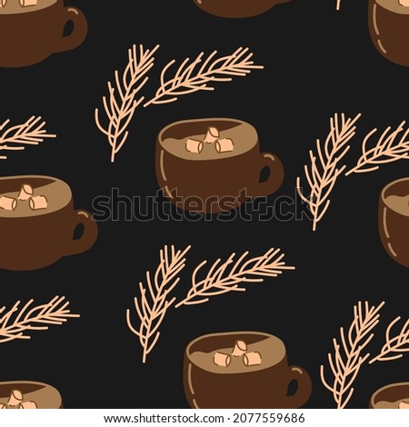 Vector. Merry Christmas and Happy New Year seamless pattern. Winter background with drawn cartoon mug of hot cocoa with marshmallows, winter fir branches. Ornament in the Scandinavian style.