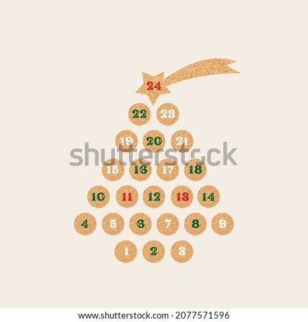 December festive advent calendar Christmas tree shape.Christmas poster countdown printable tags numbered poster with xmas ornament red green and white colors,winter postcard copy space