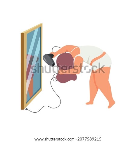 Woman daily routine flat composition with female character drying wet hair in front of mirror vector illustration