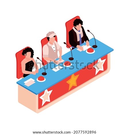 Isometric talent show tv program composition with characters of three star judges sitting at table with buttons and microphones vector illustration
