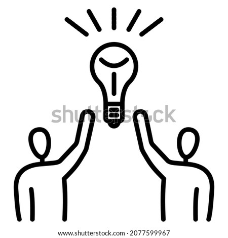 Teamwork, creative thinking, creative thought. Two people came up with a new idea together. The light bulb is a symbol of innovation and insight. Vector icon, outline, isolated.  Editable stroke.