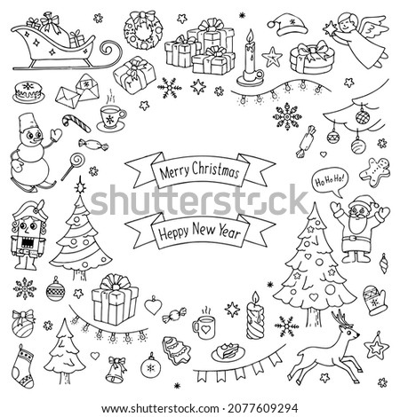 Set of New Year and Christmas elements in doodle style. Vector illustration.