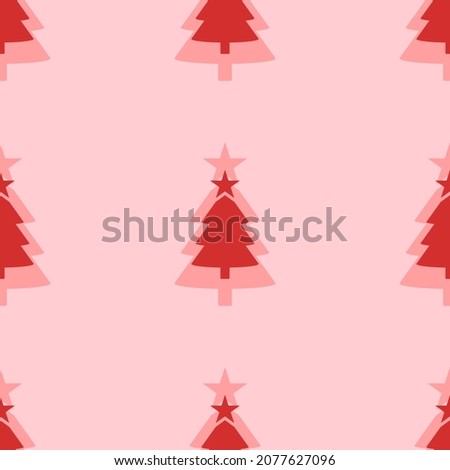 Seamless pattern of large isolated red Christmas trees. The elements are evenly spaced. Vector illustration on light red background