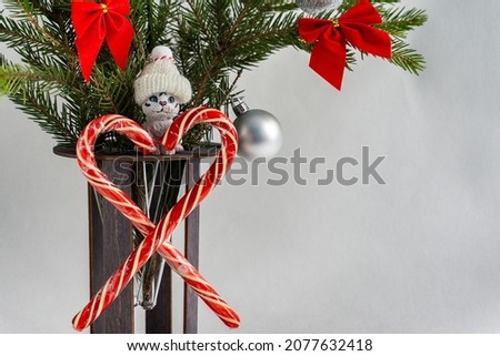 Figure of tigers in white caps with spruce branches on a stand and heart-shaped candies on a white background. The tiger is a symbol of the Chinese New Year 2022. Christmas  card. Copy space. Isolated