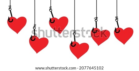 Cartoon fishing hook with love heart banner. Fishing with lover. Fish rods icon or pictogram. I love fishing for 14 february, valentine, valentines day. XOXO