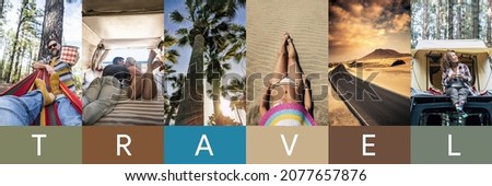 Header traveler stories collage with people enjoying travel summer vacation in different world destinations. World amazing destinations with men and women tourists having fun