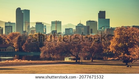 Denver Colorado Fall Time Skyline. United States of America. Downtown and the Rocky Mountains Front Range.