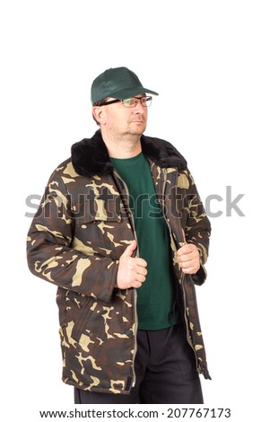 Man in military vest. Isolated on a white background.
