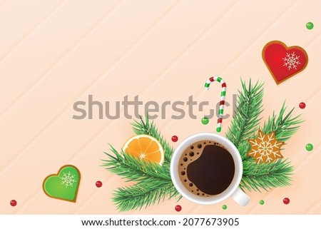 A cup of coffee with ginger cookies and Christmas tree branches. Vector illustration.
