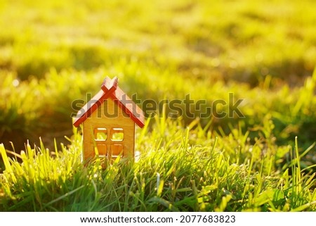 Small wooden toy house on a background of green grass in sunlight, close-up, soft selective focus. Conceptual image of buying, selling, donating a house, real estate