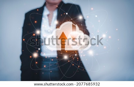Business woman touching connect to data information on cloud computing network. Cloud computing concept.Cloud computing and network security, Cloud sharing download and upload big data information. 