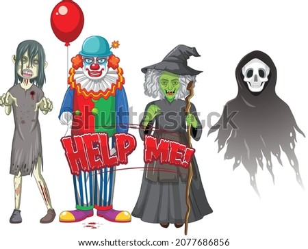 Help Me text design with Halloween ghost characters illustration