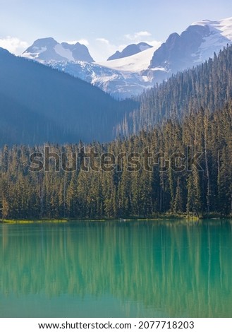 Majestic mountain lake in Canada. Upper Joffre Lake Trail View. Joffres Lake in the Provincial park in British Columbia. Travel photo, nobody, Selective focus