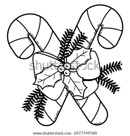 christmas canes with flowers and ribbons sketch illustration black and white