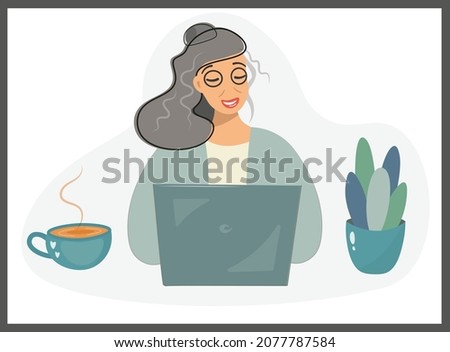 Cute modern grandmother at the table with a laptop, a plant, a cup of coffee. An elderly woman is working at the laptop. Flat isolated vector, gentle tone. Work, home schooling. Freelance grandmother.